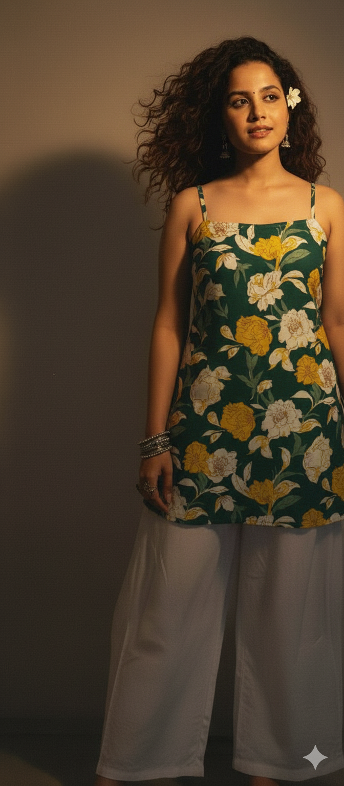 Women Cotton Green Floral Back Tie-up Shoulder Strap Kurti