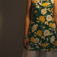 Women Cotton Green Floral Back Tie-up Shoulder Strap Kurti