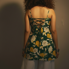 Women Cotton Green Floral Back Tie-up Shoulder Strap Kurti