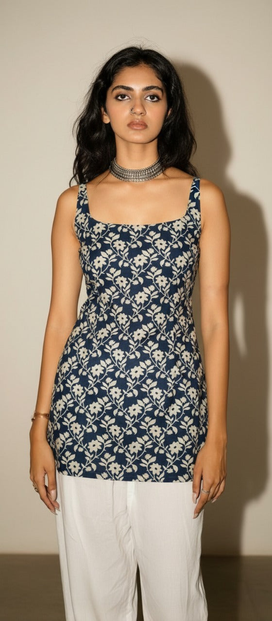 Cotton Blue Floral Shoulder neck Kurti