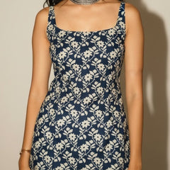 Cotton Blue Floral Shoulder neck Kurti