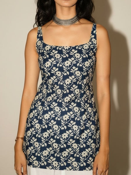 Cotton Blue Floral Shoulder neck Kurti