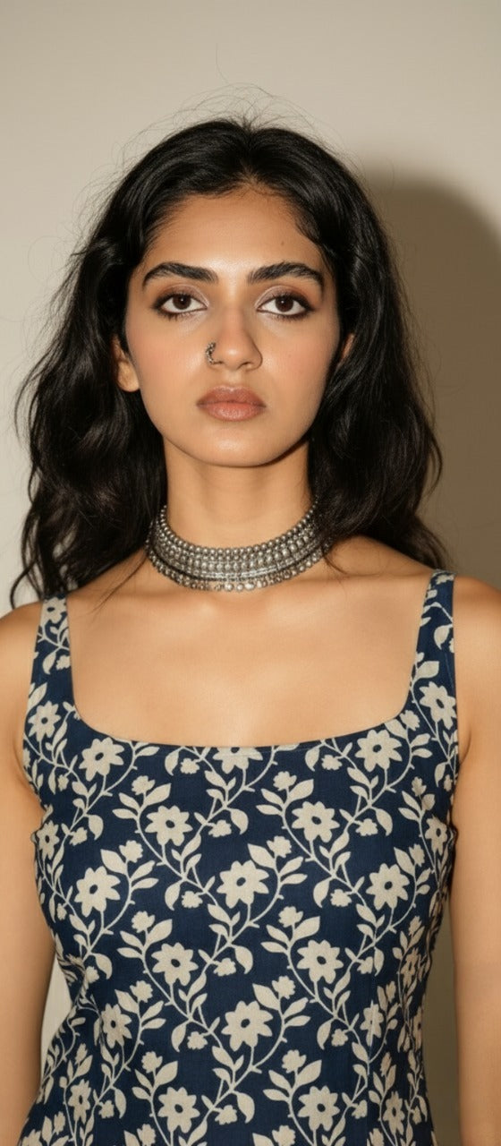 Cotton Blue Floral Shoulder neck Kurti