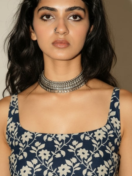 Cotton Blue Floral Shoulder neck Kurti