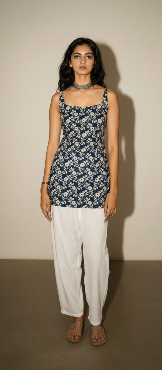 Cotton Blue Floral Shoulder neck Kurti