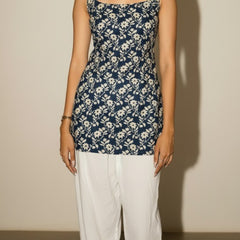Cotton Blue Floral Shoulder neck Kurti