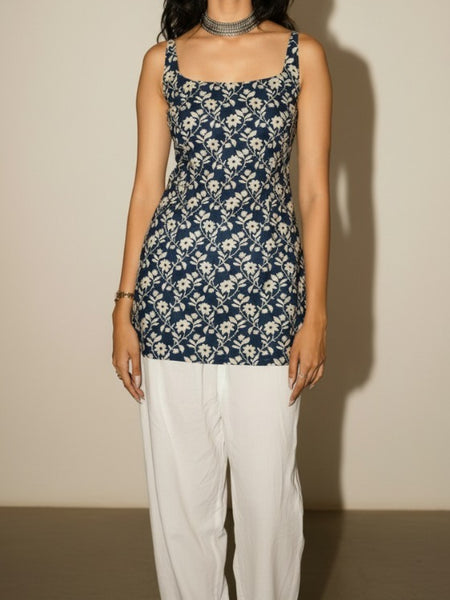 Cotton Blue Floral Shoulder neck Kurti