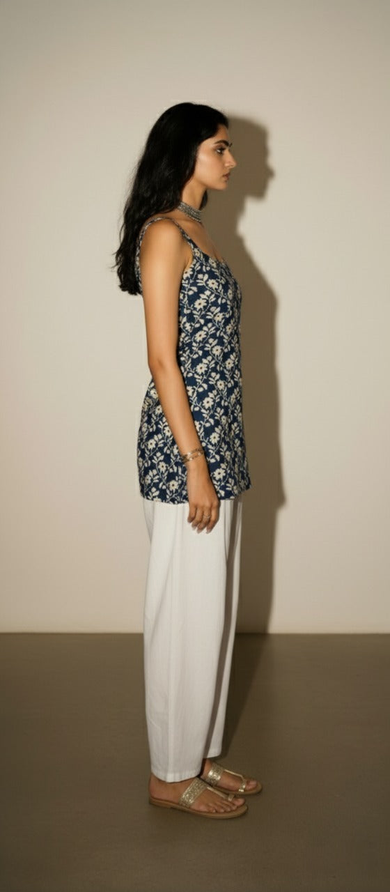 Cotton Blue Floral Shoulder neck Kurti