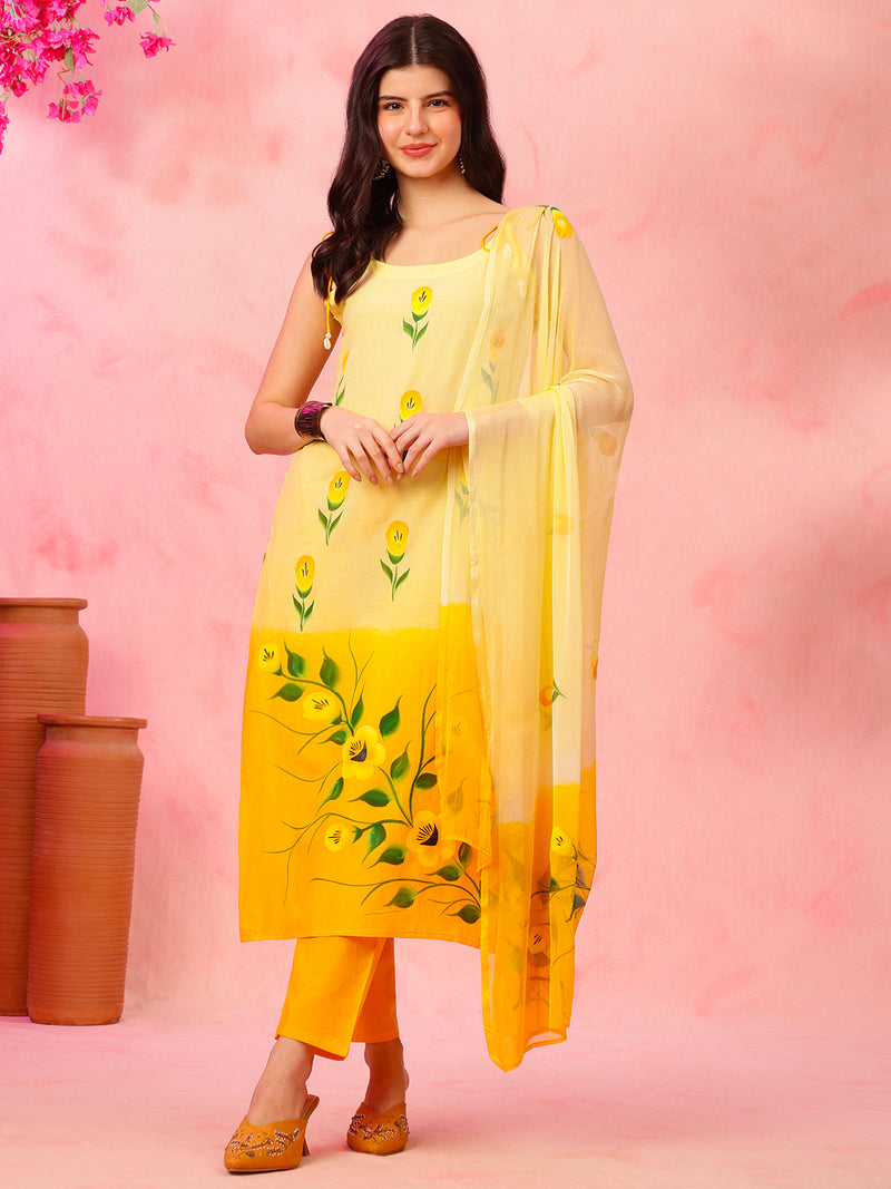 EthniFlair Phulkari Printed Kurta With Pyjamas & Dupatta
