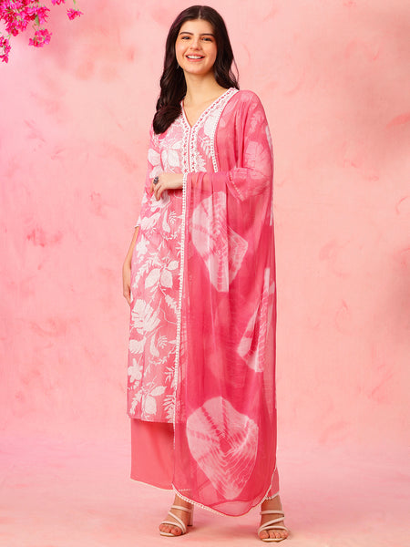 EthniFlair Floral Printed V-Neck A-Line Kurta With Trousers & Dupatta