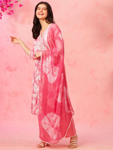 EthniFlair Floral Printed V-Neck A-Line Kurta With Trousers & Dupatta