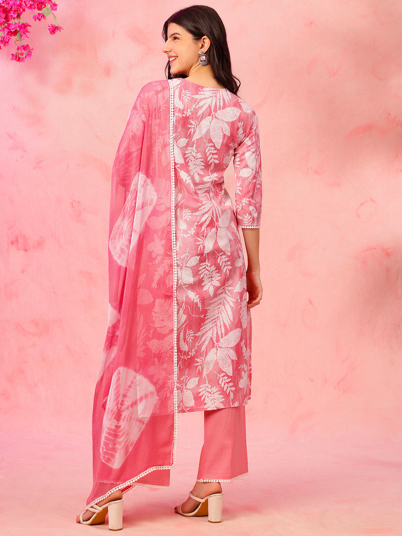 EthniFlair Floral Printed V-Neck A-Line Kurta With Trousers & Dupatta