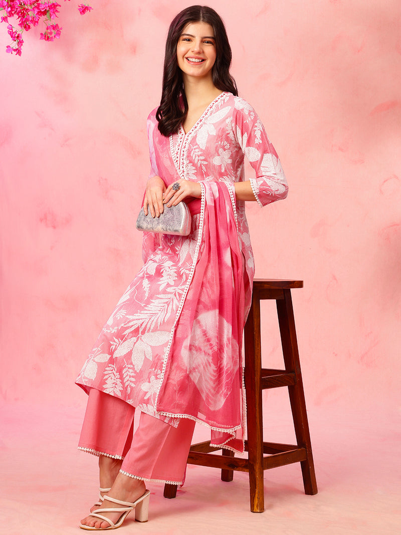 EthniFlair Floral Printed V-Neck A-Line Kurta With Trousers & Dupatta