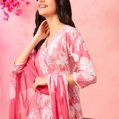 EthniFlair Floral Printed V-Neck A-Line Kurta With Trousers & Dupatta