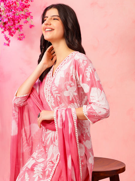 EthniFlair Floral Printed V-Neck A-Line Kurta With Trousers & Dupatta