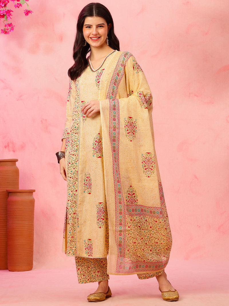 EthniFlair Floral Printed V-Neck A-Line Kurta With Trousers & Dupatta