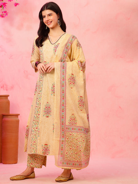 EthniFlair Floral Printed V-Neck A-Line Kurta With Trousers & Dupatta