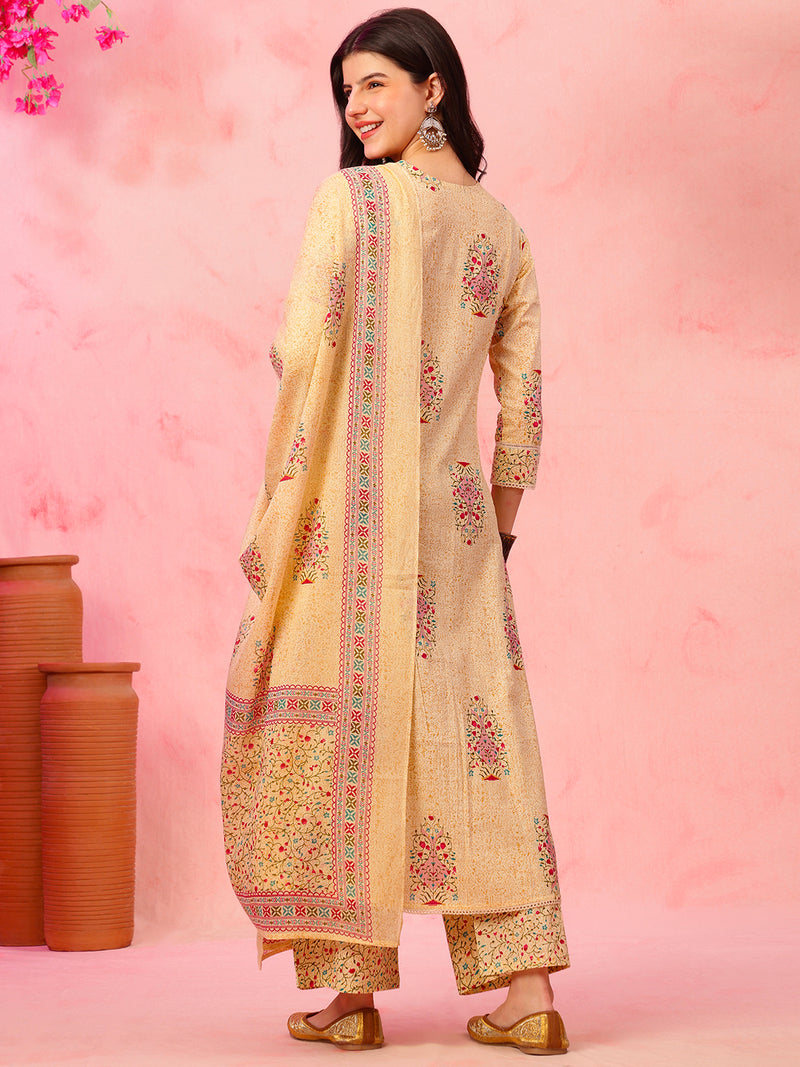 EthniFlair Floral Printed V-Neck A-Line Kurta With Trousers & Dupatta