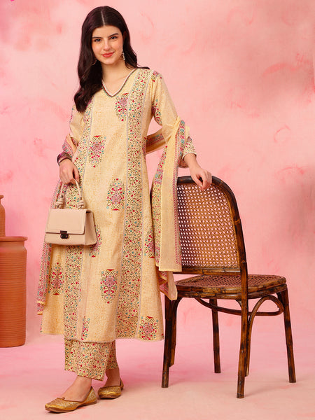 EthniFlair Floral Printed V-Neck A-Line Kurta With Trousers & Dupatta