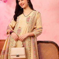 EthniFlair Floral Printed V-Neck A-Line Kurta With Trousers & Dupatta
