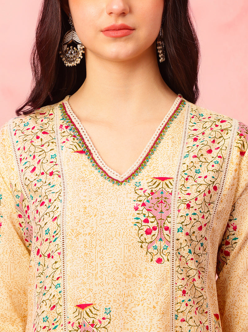 EthniFlair Floral Printed V-Neck A-Line Kurta With Trousers & Dupatta