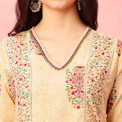 EthniFlair Floral Printed V-Neck A-Line Kurta With Trousers & Dupatta