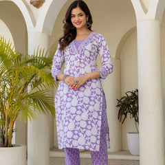 EthniFlair Women Cotton Pintucks detail Straight kurta Pant & Dupatta