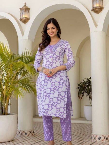 EthniFlair Women Cotton Pintucks detail Straight kurta Pant & Dupatta