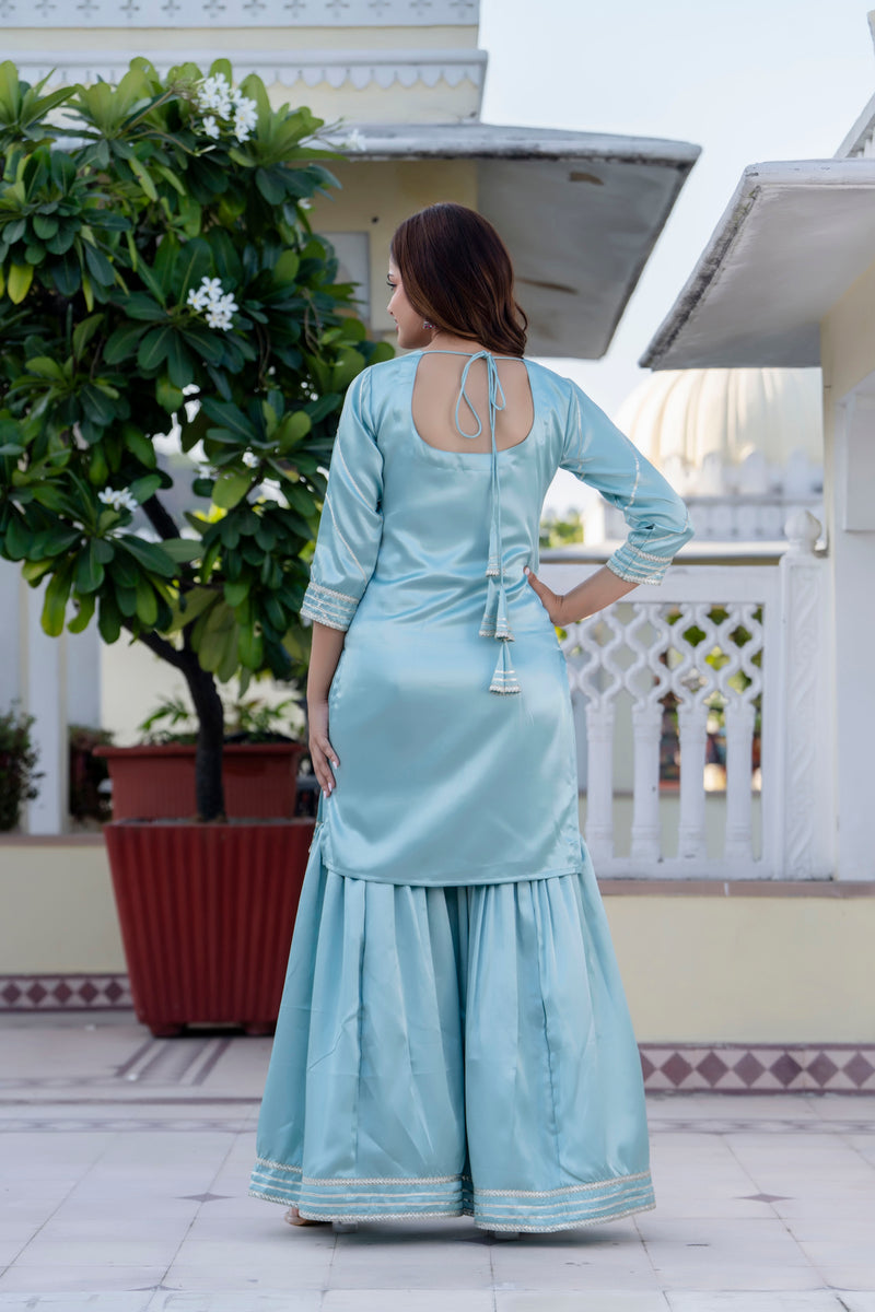 EthniFlair Floral Embroidered Straight Beads and Stones Kurta With Sharara And Dupatta