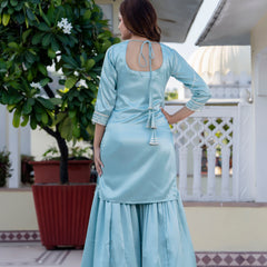 EthniFlair Floral Embroidered Straight Beads and Stones Kurta With Sharara And Dupatta