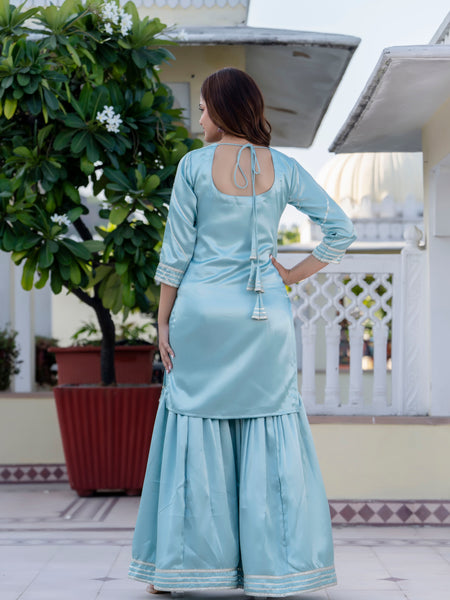 EthniFlair Floral Embroidered Straight Beads and Stones Kurta With Sharara And Dupatta