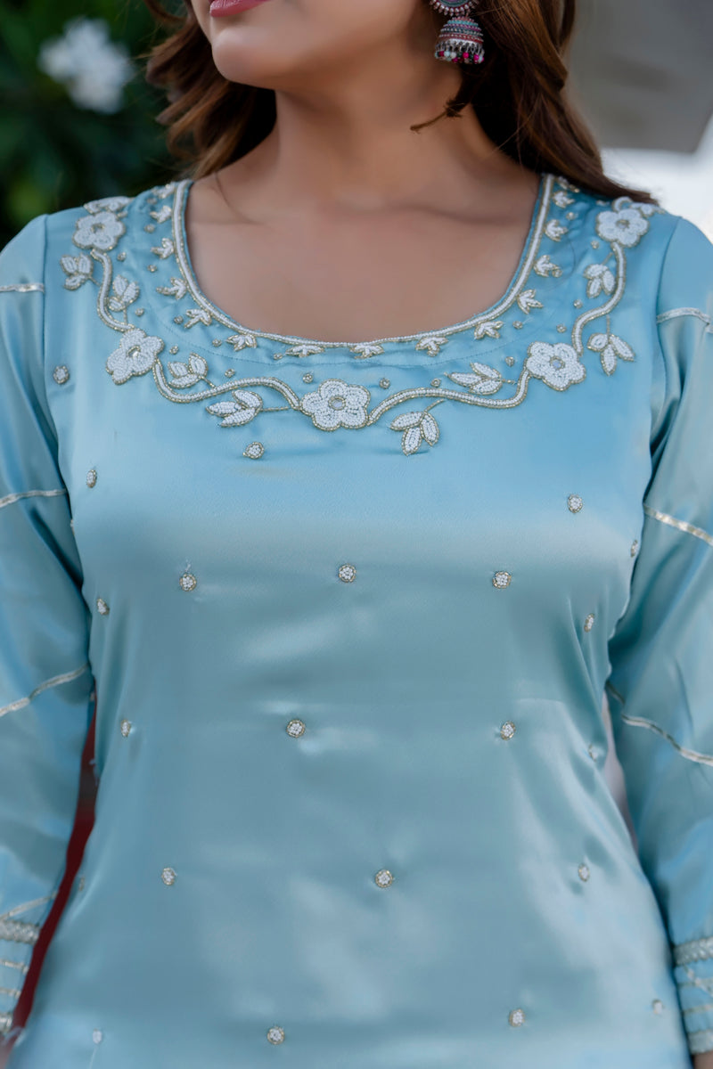 EthniFlair Floral Embroidered Straight Beads and Stones Kurta With Sharara And Dupatta