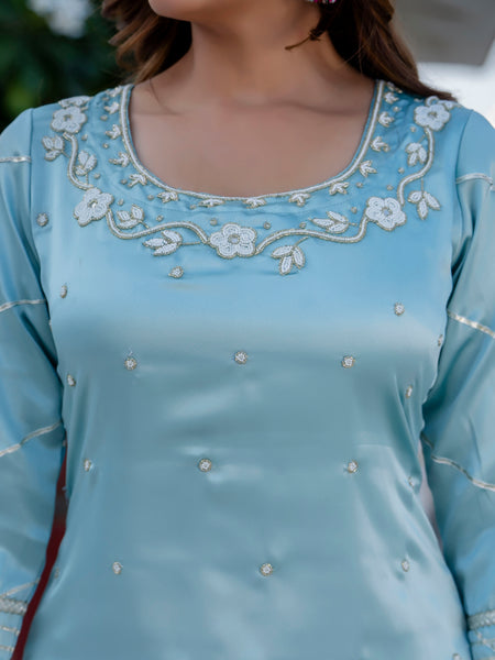 EthniFlair Floral Embroidered Straight Beads and Stones Kurta With Sharara And Dupatta