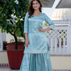 EthniFlair Floral Embroidered Straight Beads and Stones Kurta With Sharara And Dupatta
