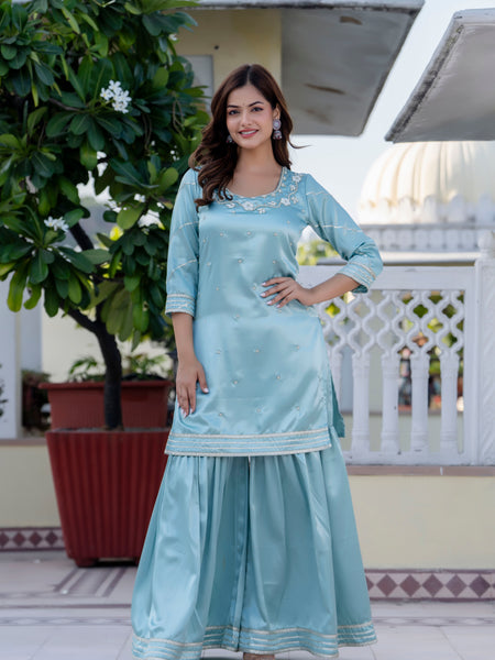 EthniFlair Floral Embroidered Straight Beads and Stones Kurta With Sharara And Dupatta