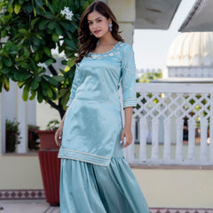 EthniFlair Floral Embroidered Straight Beads and Stones Kurta With Sharara And Dupatta