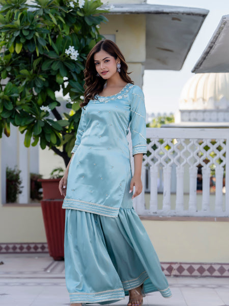 EthniFlair Floral Embroidered Straight Beads and Stones Kurta With Sharara And Dupatta