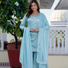 EthniFlair Floral Embroidered Straight Beads and Stones Kurta With Sharara And Dupatta