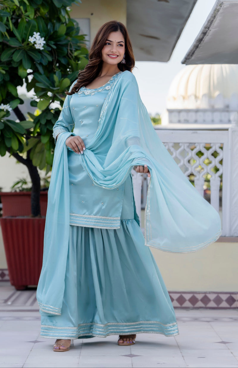 EthniFlair Floral Embroidered Straight Beads and Stones Kurta With Sharara And Dupatta