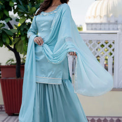 EthniFlair Floral Embroidered Straight Beads and Stones Kurta With Sharara And Dupatta