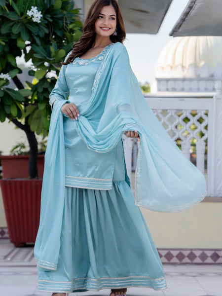 EthniFlair Floral Embroidered Straight Beads and Stones Kurta With Sharara And Dupatta
