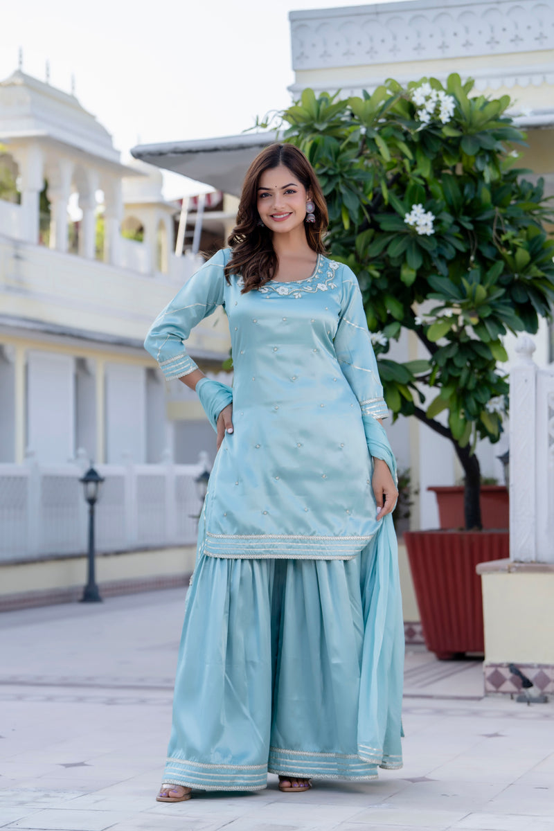 EthniFlair Floral Embroidered Straight Beads and Stones Kurta With Sharara And Dupatta