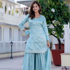 EthniFlair Floral Embroidered Straight Beads and Stones Kurta With Sharara And Dupatta