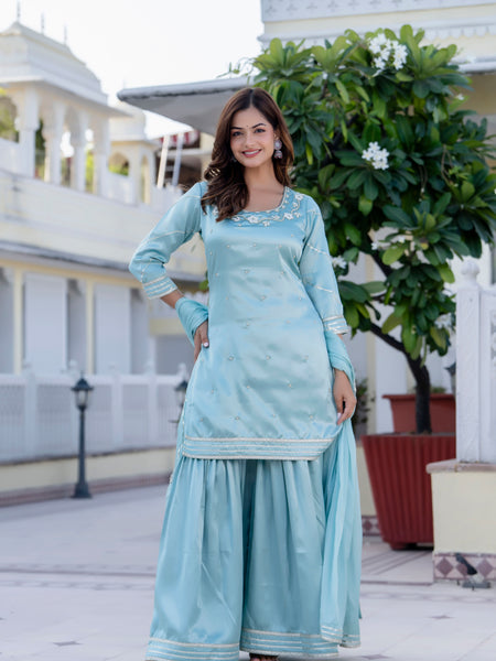 EthniFlair Floral Embroidered Straight Beads and Stones Kurta With Sharara And Dupatta