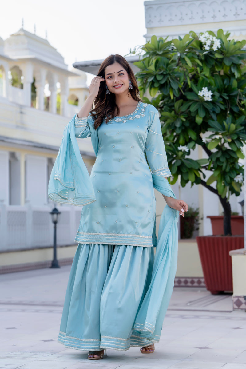 EthniFlair Floral Embroidered Straight Beads and Stones Kurta With Sharara And Dupatta