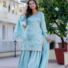 EthniFlair Floral Embroidered Straight Beads and Stones Kurta With Sharara And Dupatta