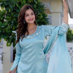 EthniFlair Floral Embroidered Straight Beads and Stones Kurta With Sharara And Dupatta