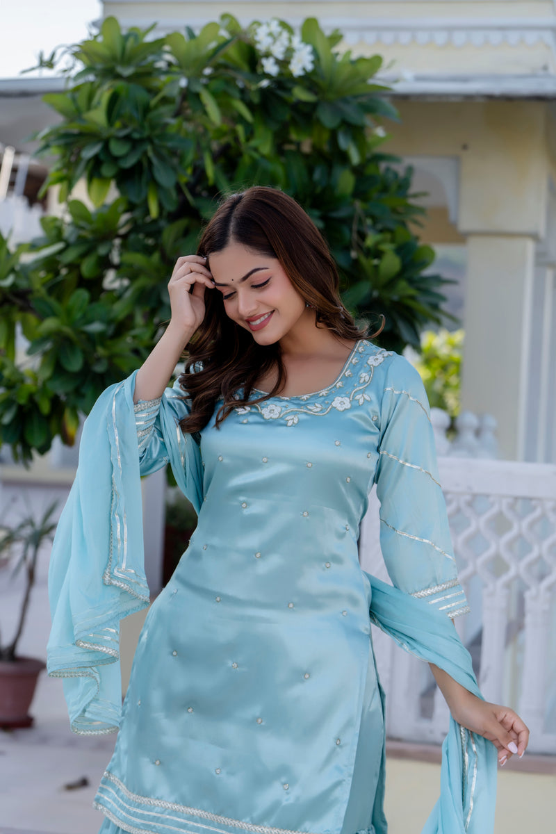 EthniFlair Floral Embroidered Straight Beads and Stones Kurta With Sharara And Dupatta