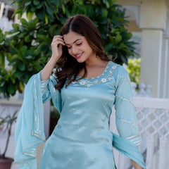 EthniFlair Floral Embroidered Straight Beads and Stones Kurta With Sharara And Dupatta