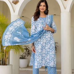 EthniFlair Women Cotton Pintucks detail Straight kurta Pant & Dupatta